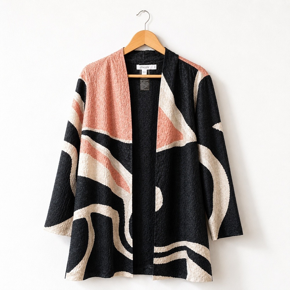 Chicos Travelers Collection Open Front Topper Jacket Black Pink Textured SZ 2/L